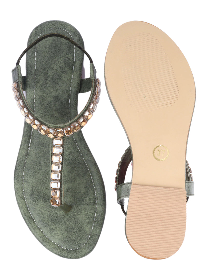 Stone Embellished Olive Green T-Strap Comfortable Flats for Women/Girls (Pair Of 1) - D'chica