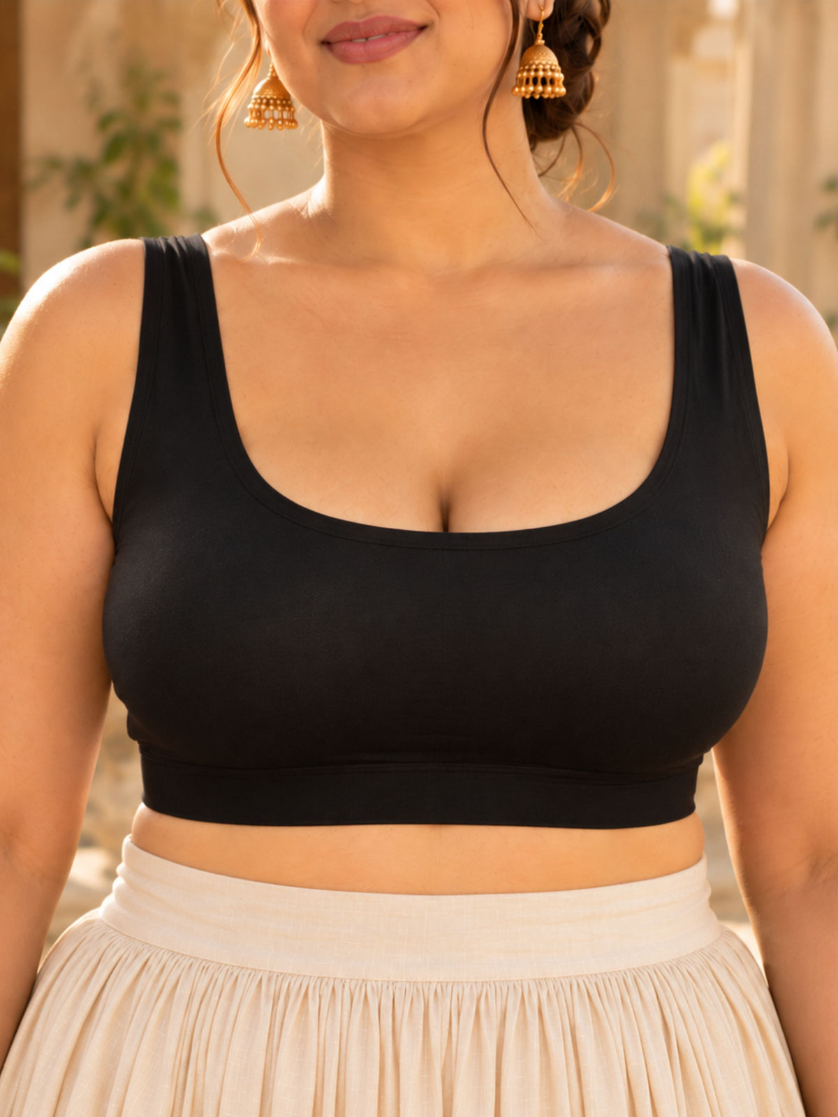 Pack of 1 Deep Neck Sleeveless Padded Saree Blouse for Women- Black | Wire-Free | Viscose Spandex | Full Coverage |