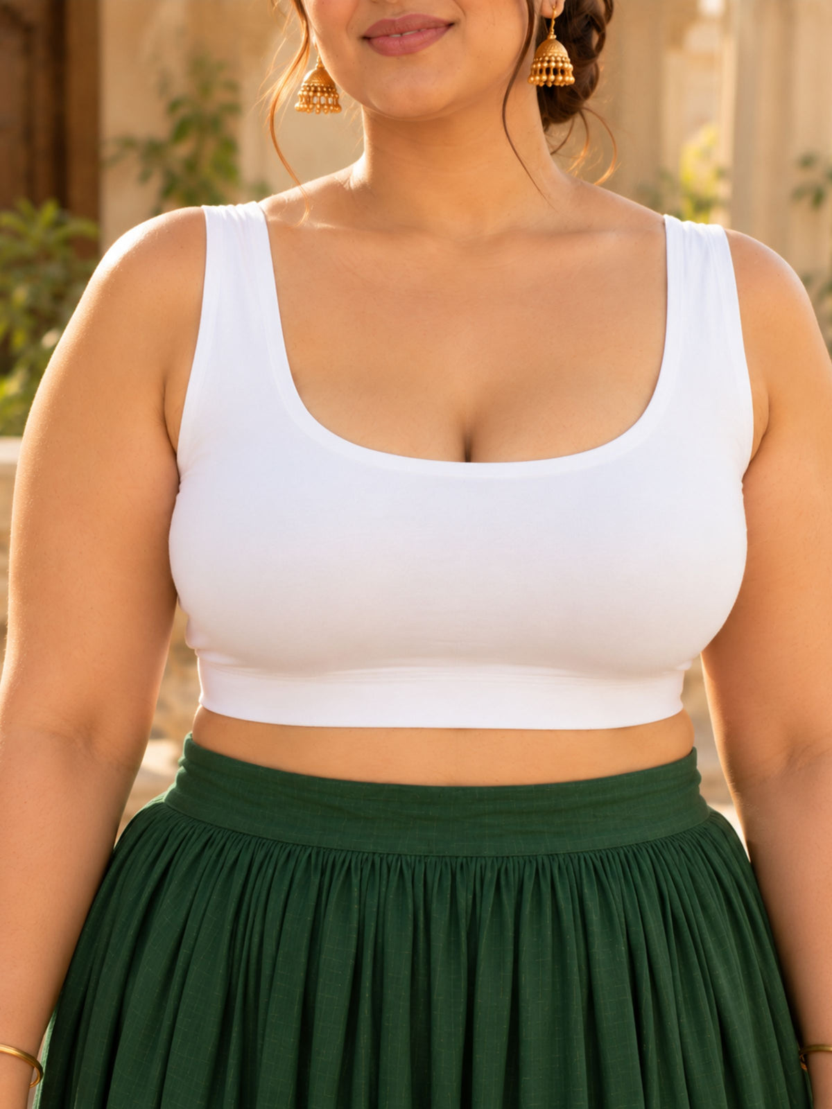 Pack of 1 Deep Neck Sleeveless Padded Saree Blouse for Women- White | Wire-Free | Viscose Spandex | Full Coverage |