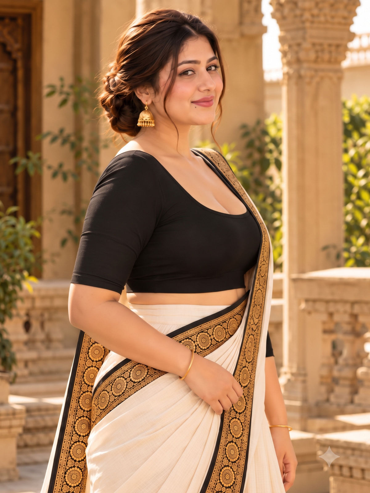 Pack of 2 Deep Neck Padded Half Sleeve Wire-Free Viscose Spandex Women - White & Black Saree Blouse