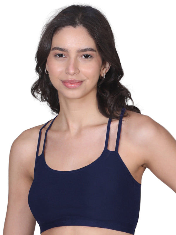 Criss Cross Back Cotton Sports Bra For Women | Removable Pads | Elasticated Underband | Good Support | Full Coverage Bra Pack Of 1 | Navy Blue Workout Bra - D'chica