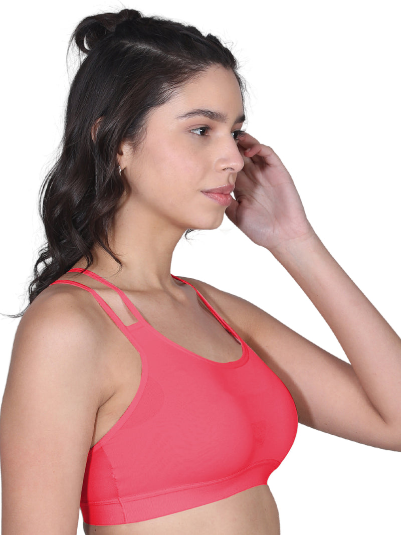 Criss Cross Back Cotton Sports Bra For Women | Removable Pads | Elasticated Underband | Good Support | Full Coverage Bra Pack Of 1 | Coral Workout Bra - D'chica