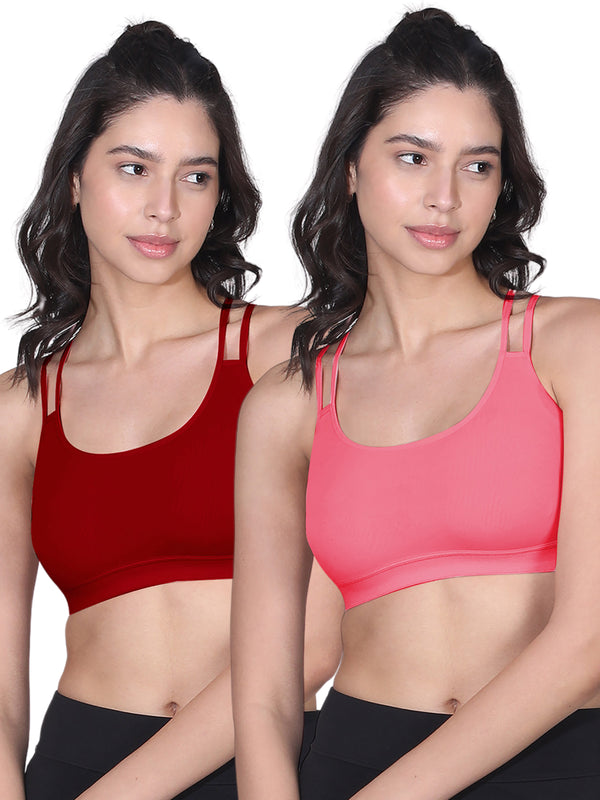 Criss Cross Back Cotton Sports Bra For Girls | Removable Pads | Elasticated Underband | Good Support | Full Coverage Bra Pack Of 2 | Coral & Maroon Workout Bra - D'chica