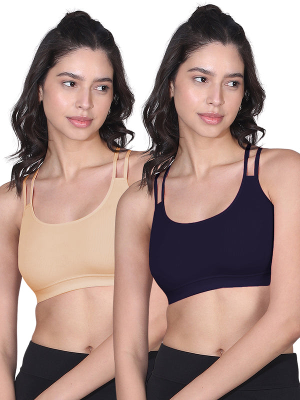 Criss Cross Back Cotton Sports Bra For Girls | Removable Pads | Elasticated Underband | Good Support | Full Coverage Bra Pack Of 2 | Skin & Navy Blue Workout Bra - D'chica