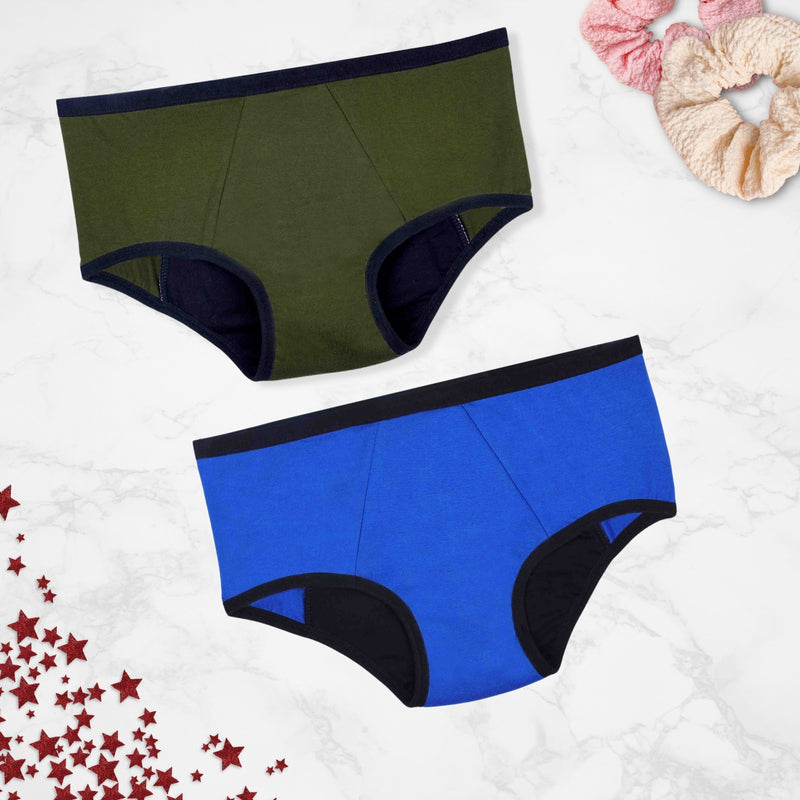 Pack of 2 Lab tested Period Panties For Women - Olive Green & Royal Blue Colour |  Super absorbent |  Leak-proof | Reusable - D'chica