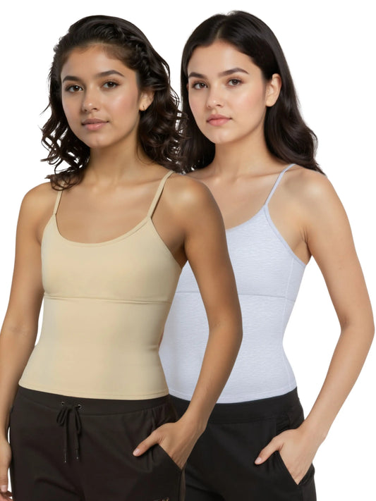 D'CHICA Essentials High Coverage Cotton Starter Camisole Bra in Grey and Skin Tone with Adjustable Straps Pack-of-2 D'chica