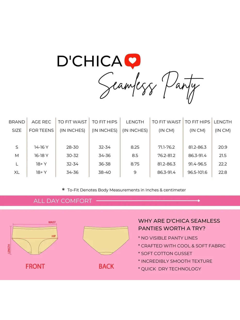 Seamless Size Chart Hipster Panties