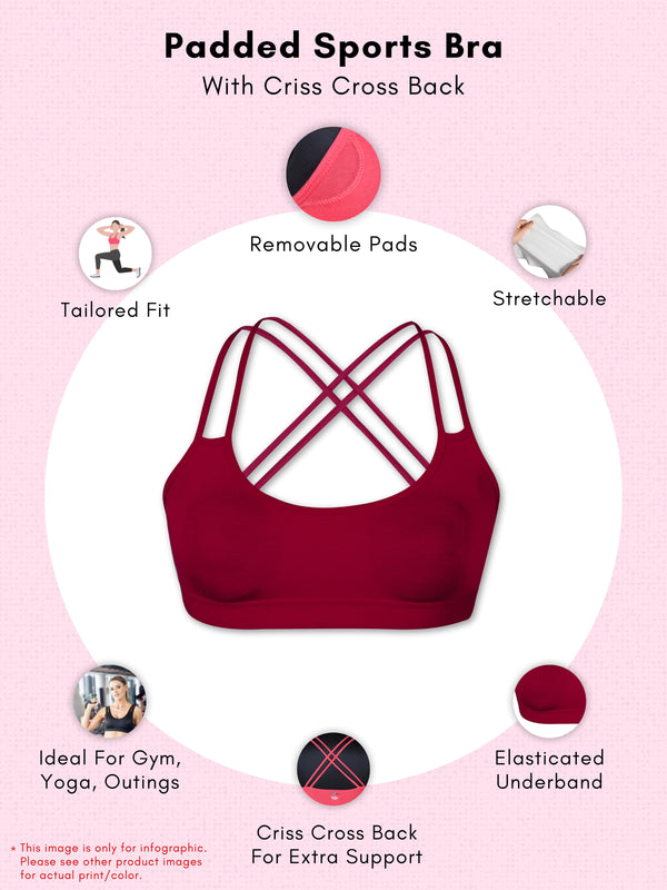 Criss Cross Back Cotton Sports Bra For Girls | Removable Pads | Elasticated Underband | Good Support | Full Coverage Bra Pack Of 1 | Maroon Workout Bra - D'chica