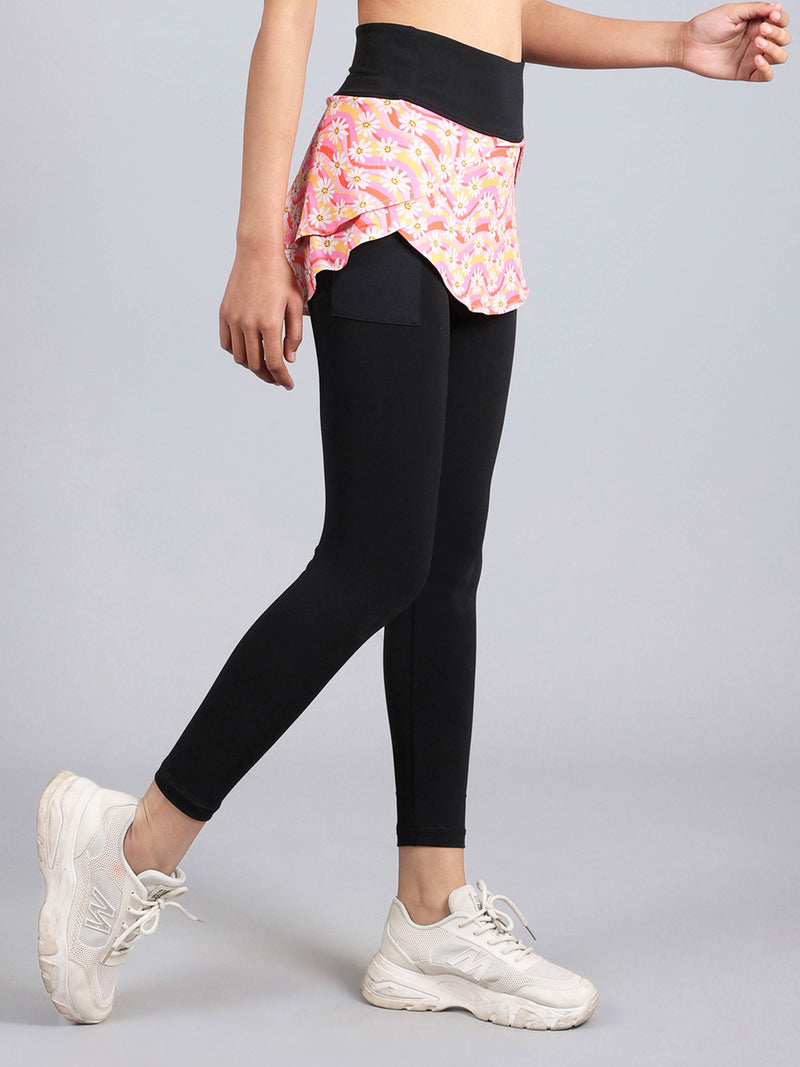 Overlapping Skirt With Leggings With Side Pocket | Flower Print Activewear Set of 1 - D'chica