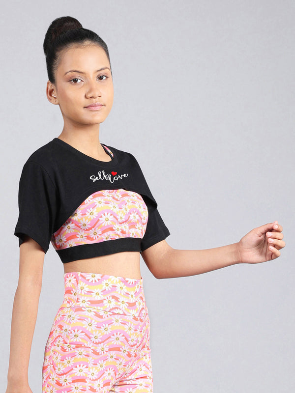 D’chica Solid coloured Bust Cut Active Wear Short Sleeve Stylish Cropped Exercise Top for Girls - D'chica