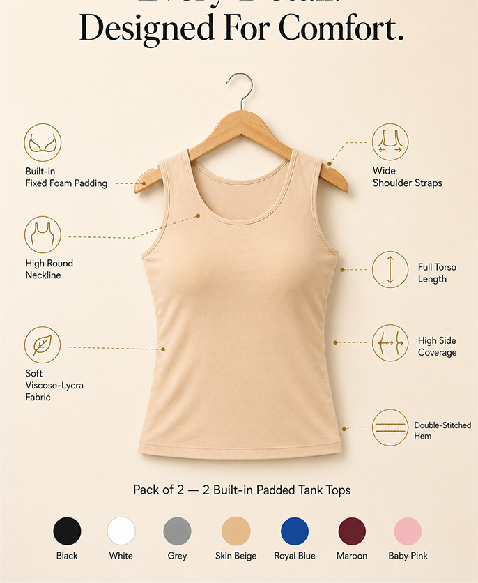 Pack of 2 | Soft & Supportive Fit for Daily Wear | Padded Tank Top For Women's Skin & Black | Dchica Essentials