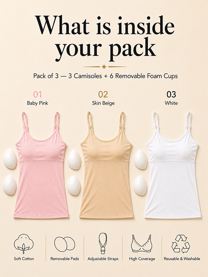 Pack of 3 | Skin Tone | Pink | Black | Cup Padded Cotton High Coverage Camisole Bra with Adjustable Strap | Dchica Essentials