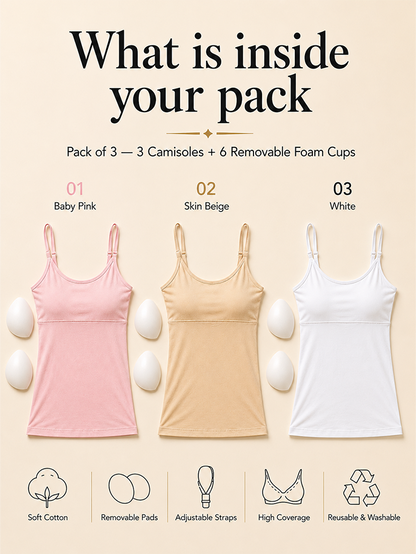 Pack of 3 | Skin Tone | Pink | Black | Cup Padded Cotton High Coverage Camisole Bra with Adjustable Strap | Dchica Essentials