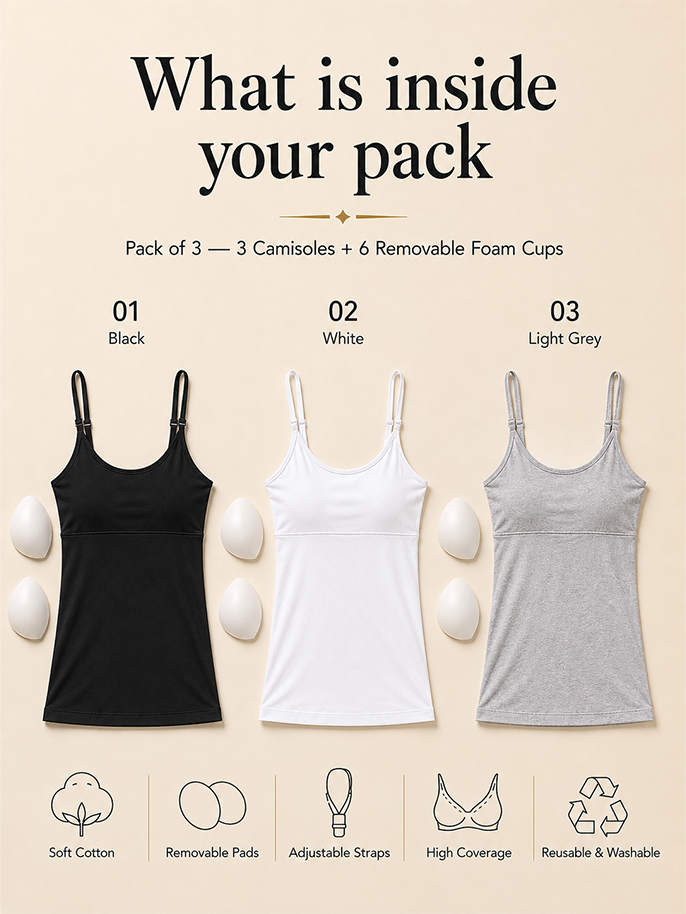 Pack of 3 | Cup Padded Cotton Camisole Bra in High Coverage with Adjustable Straps - Grey, White & Black | Dchica Essentials