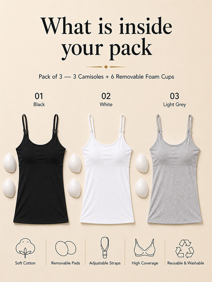 Pack of 3 | Cup Padded Cotton Camisole Bra in High Coverage with Adjustable Straps - Grey, White & Black | Dchica Essentials