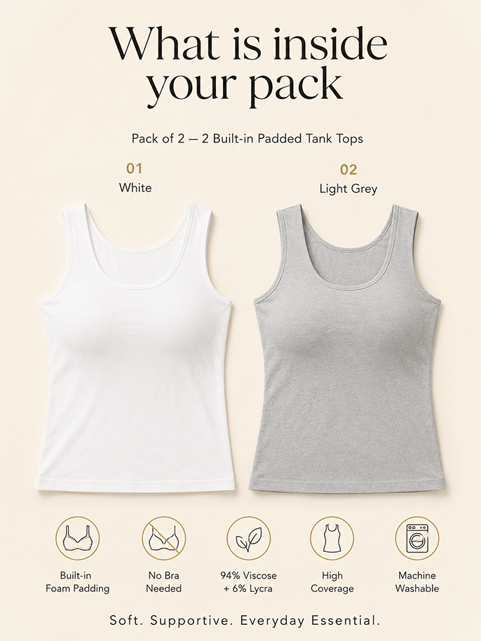 Pack of 2 | Soft & Supportive Fit for Daily Wear | Padded Tank Top For Women's White & Gray | Dchica Essentials