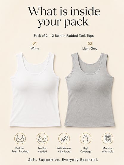 Pack of 2 | Soft & Supportive Fit for Daily Wear | Padded Tank Top For Women's White & Gray | Dchica Essentials