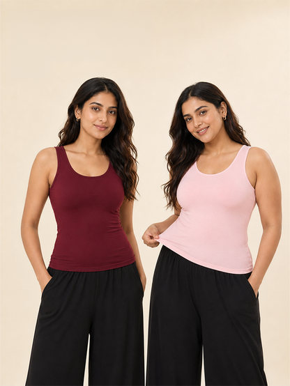 Pack of 2 | Soft & Supportive Fit for Daily Wear | Padded Tank Top For Women's Maroon & Pink | Dchica Essentials