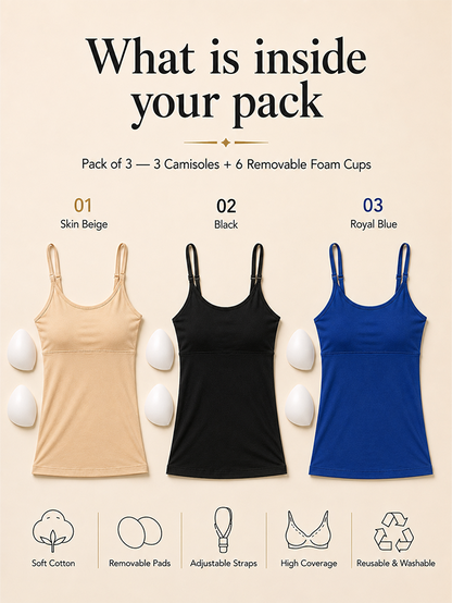 Pack of 3 | Skin Tone | Black | Blue | Cup Padded Cotton High Coverage Camisole Bra with Adjustable Strap | Dchica Essentials