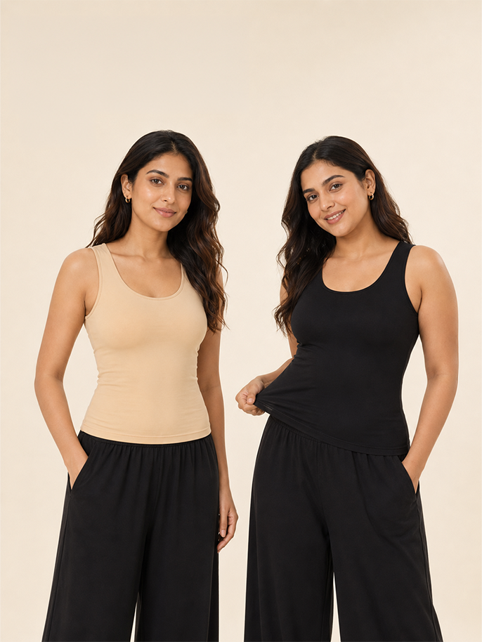 Pack of 2 | Soft & Supportive Fit for Daily Wear | Padded Tank Top For Women's Skin & Black | Dchica Essentials