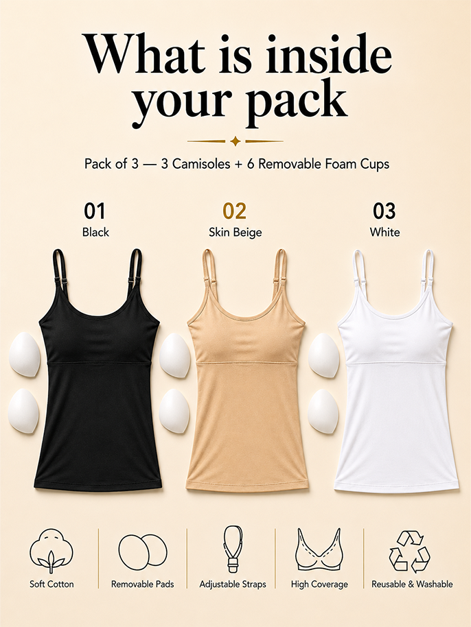 Pack of 3 | Cup Padded Cotton Camisole Bra in High Coverage with Adjustable Straps | Dchica Essentials