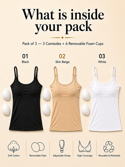 Pack of 3 | Cup Padded Cotton Camisole Bra in High Coverage with Adjustable Straps | Dchica Essentials