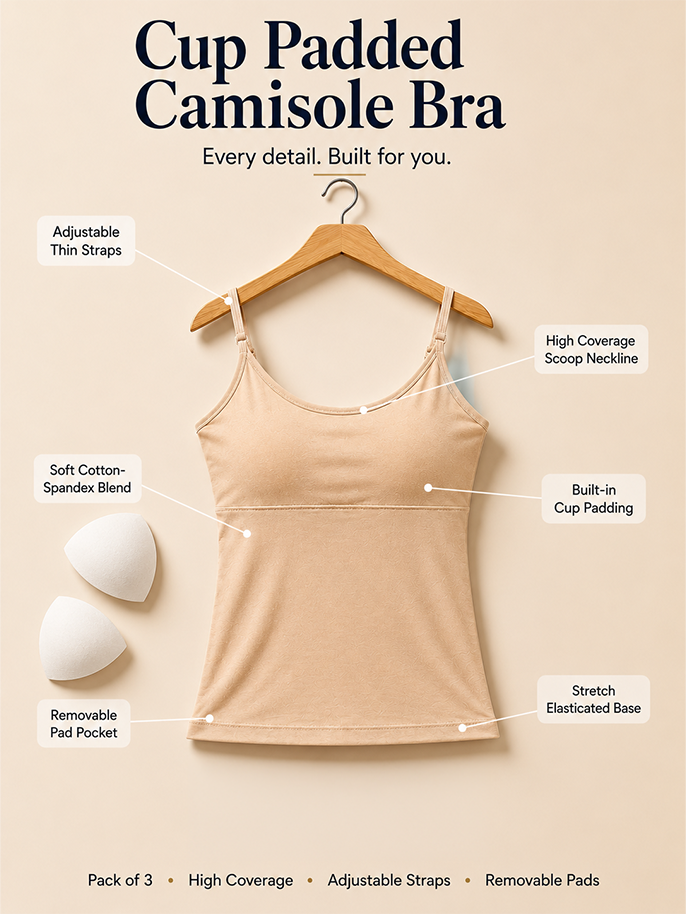 Pack of 3 | Skin Tone | Pink | Black | Cup Padded Cotton High Coverage Camisole Bra with Adjustable Strap | Dchica Essentials