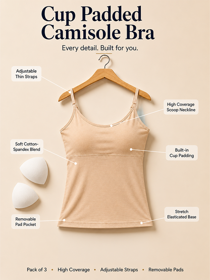 Pack of 3 | Skin Tone | Pink | Black | Cup Padded Cotton High Coverage Camisole Bra with Adjustable Strap | Dchica Essentials