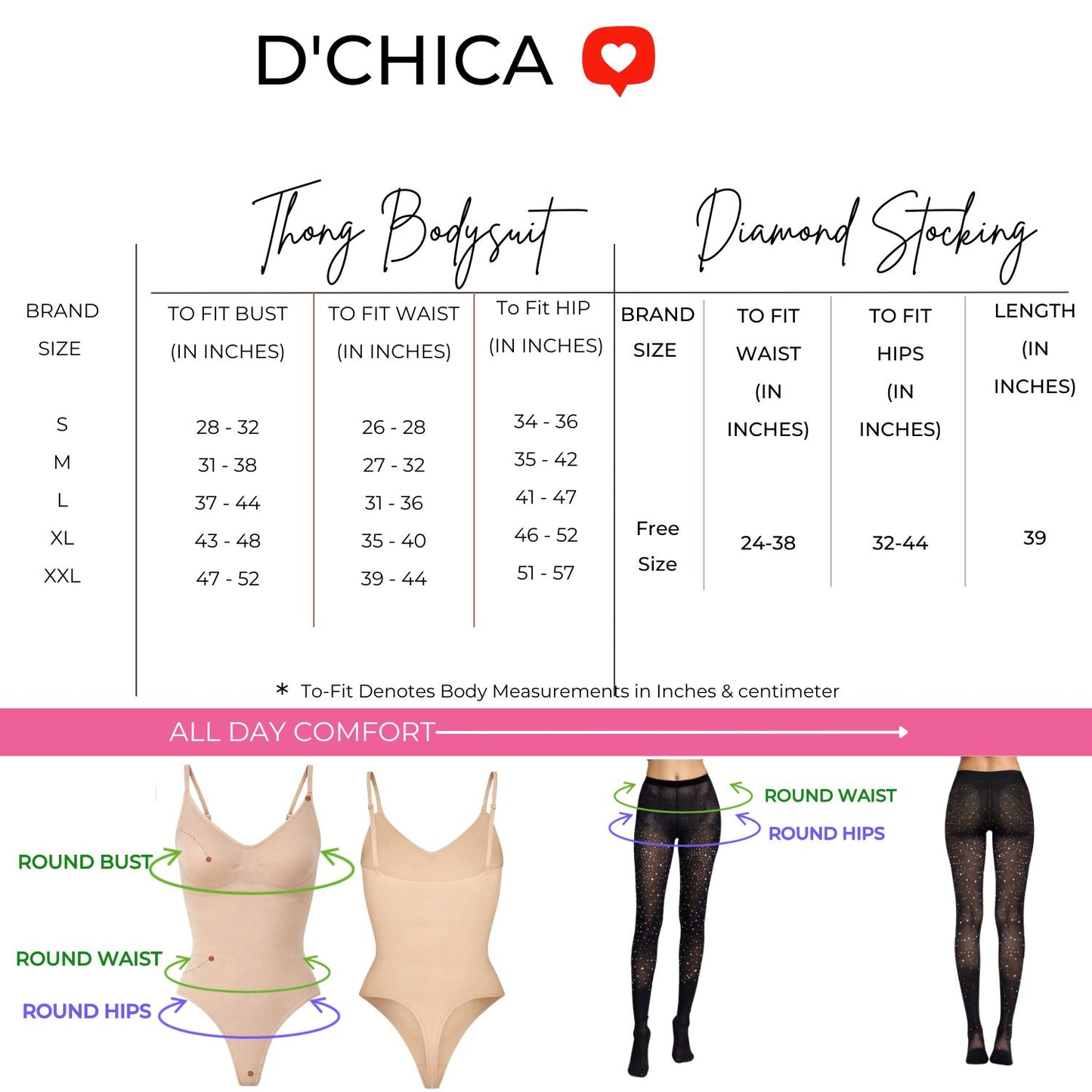 D’chica Essentials  Pack of 2 Comfort Shaping Bodysuit & Rhinestone Stockings Set
