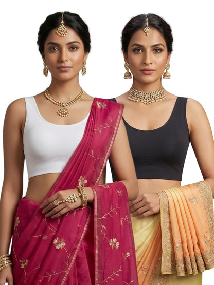 Pack of 2 Deep neck Padded Saree Blouse for Women | Wire-Free | Viscose Spandex | Full Coverage