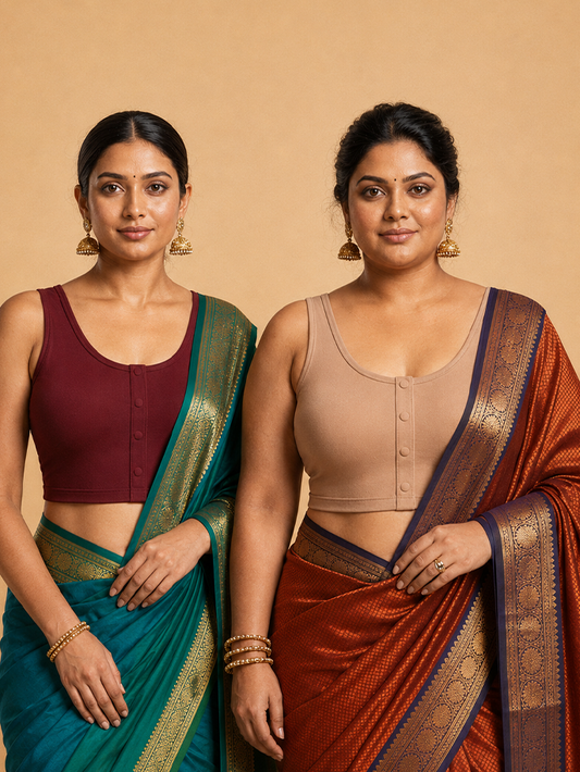 Pack of 2 Deep neck Padded Saree Blouse for Women | Wire-Free | Viscose Spandex | Full Coverage | Size S–4XL