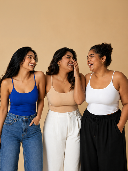 Pack of 3 | Skin Tone | White | Blue | Cup Padded Cotton High Coverage Camisole Bra with Adjustable Strap | Dchica Essentials