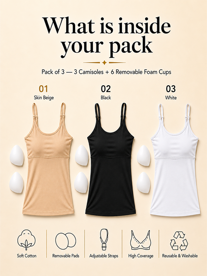 Pack of 3 | High Coverage | Cotton Comfort | Cup Padded | Adjustable Strap | Skin Tone | White | Black | D'CHICA Essentials | Camisole Bra – | Dchica Essentials