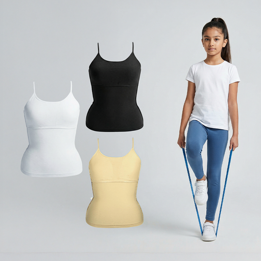 D'CHICA Essentials High Coverage Cotton Starter Camisole Bra | Adjustable Strap | Skin Tone | White | Black Pack of D'chica