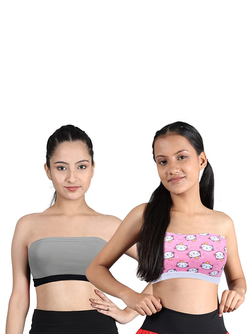 Double-layer Cotton Strapless Bras For Young Women | Non Padded Tube Bra | Kitty Print & Solid Grey Bra Pack of 2