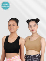 Double-layer Broad Strap Cotton Athletic Bra | Non Padded Beginner Bra For Girls | Solid Bras Pack of 2 - D'chica