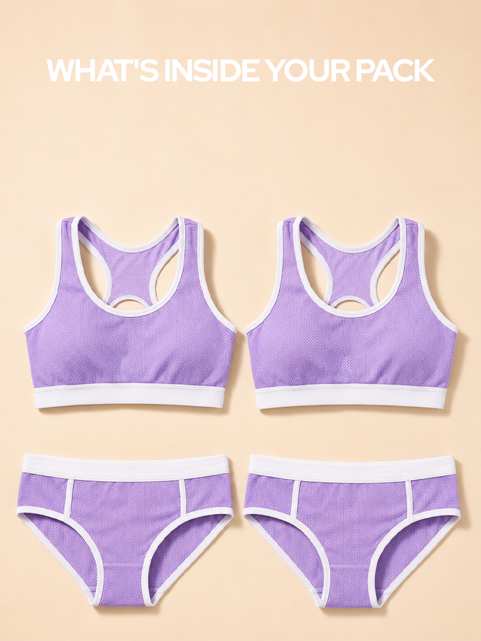 Pack of 4 | Breathable Purple Colour Mesh Foam Padded Sports Bra & Panty Set – (2 Bras + 2 Panties)