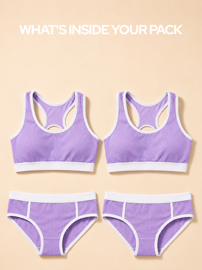 Pack of 4 | Breathable Purple Colour Mesh Foam Padded Sports Bra & Panty Set – (2 Bras + 2 Panties)