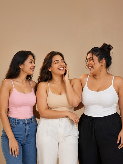 Pack of 3 | Skin Tone | Pink | Black | Cup Padded Cotton High Coverage Camisole Bra with Adjustable Strap | Dchica Essentials