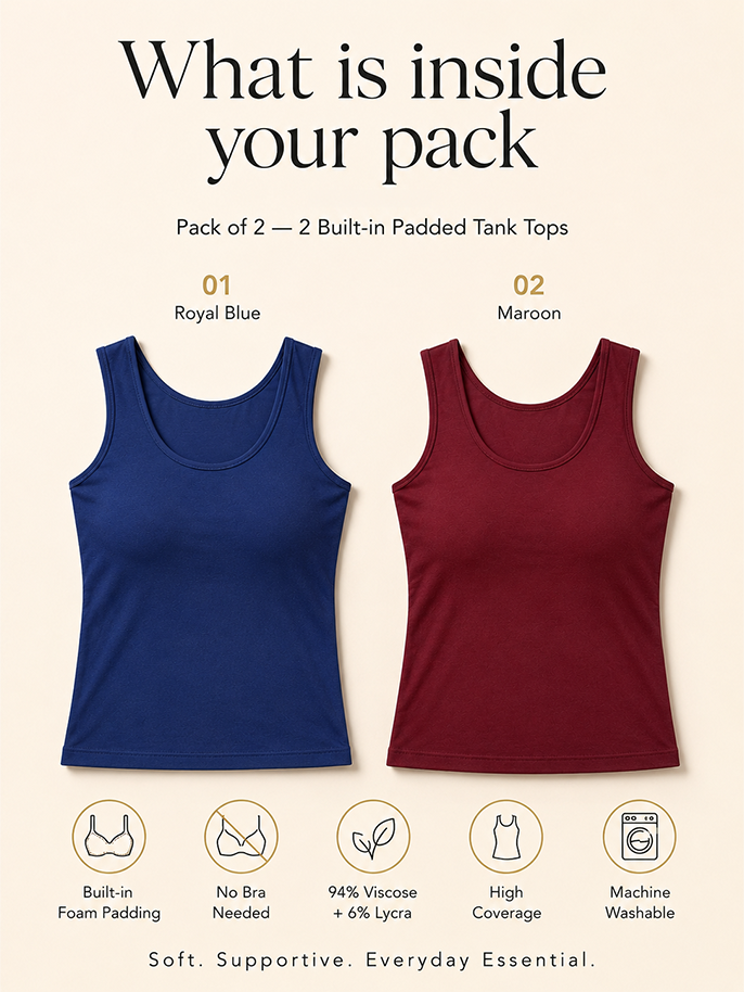 Pack of 2 | Soft & Supportive Fit for Daily Wear | Padded Tank Top For Women's Royal Blue & Maroon | Dchica Essentials