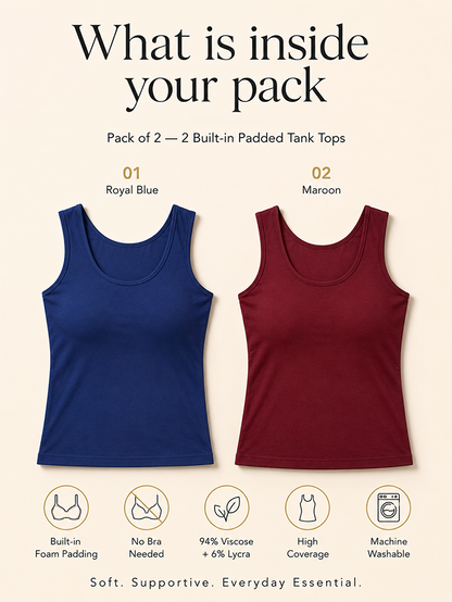 Pack of 2 | Soft & Supportive Fit for Daily Wear | Padded Tank Top For Women's Royal Blue & Maroon | Dchica Essentials