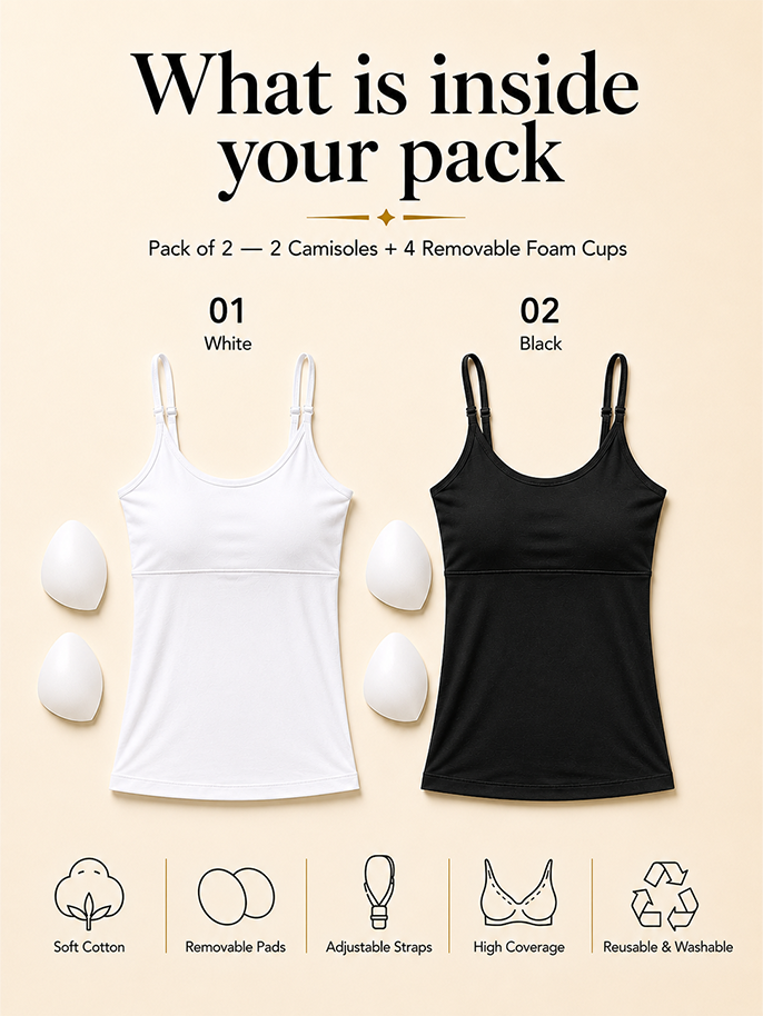 Pack of 2 | Cup Padded High Coverage Cotton Camisole Bra with Adjustable Straps in White & Black | Dchica Essentials