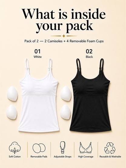 Pack of 2 | Cup Padded High Coverage Cotton Camisole Bra with Adjustable Straps in White & Black | Dchica Essentials