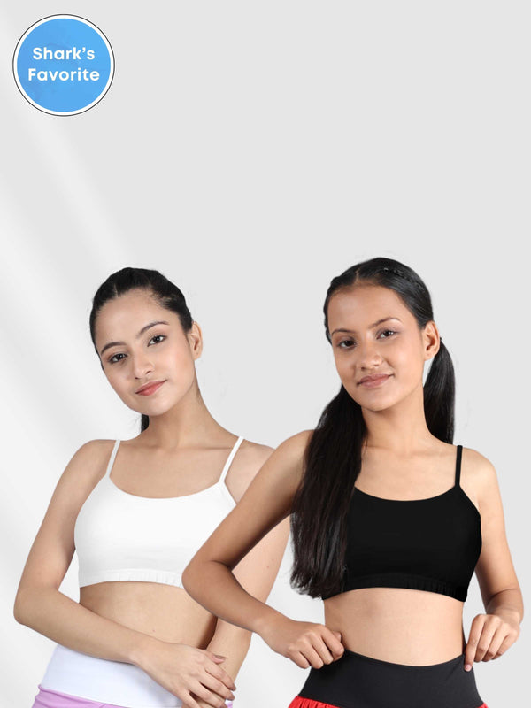 Double-layer Thin Strap Cotton Sports Bras | Non Padded Beginner Bra For Girls | Black & White Solid Bra Pack of 2