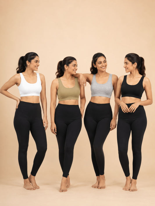 Pack of 4 | Everyday Bra for Young Women | Solid Bra | Double-Layer Broad & Thin Strap Sports Bra | Dchica Essentials