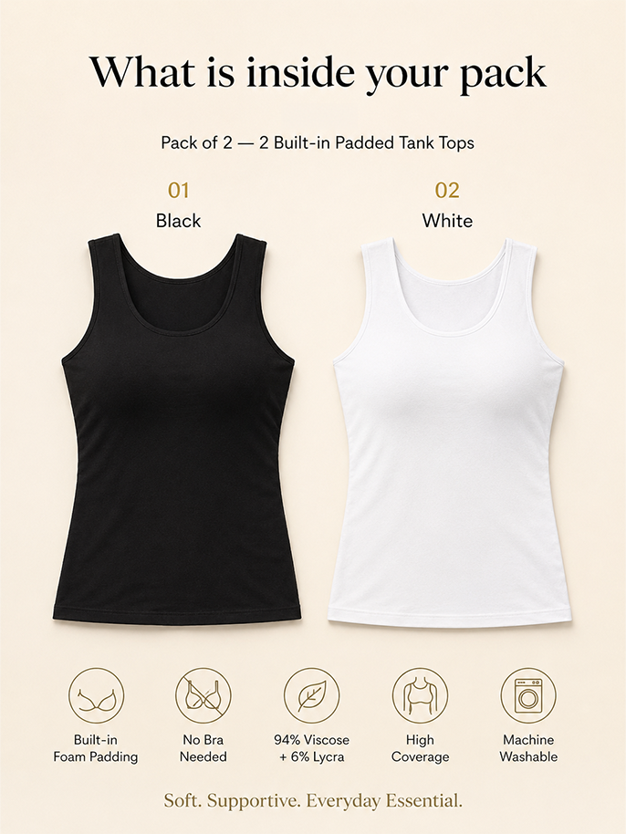 Pack of 2 | Soft & Supportive Fit for Daily Wear | Padded Tank Top For Women's White & Black | Dchica Essentials