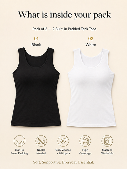 Pack of 2 | Soft & Supportive Fit for Daily Wear | Padded Tank Top For Women's White & Black | Dchica Essentials