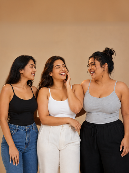 Pack of 3 | Cup Padded Cotton Camisole Bra in High Coverage with Adjustable Straps - Grey, White & Black | Dchica Essentials