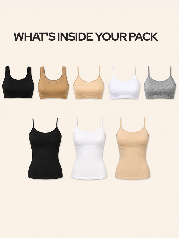 Pack of 8 | Camisole & Sports Bra Combo – Padded & Non-Padded Cotton Bras for Teens | Dchica Essentials