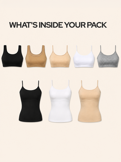 Pack of 8 | Camisole & Sports Bra Combo – Padded & Non-Padded Cotton Bras for Teens | Dchica Essentials